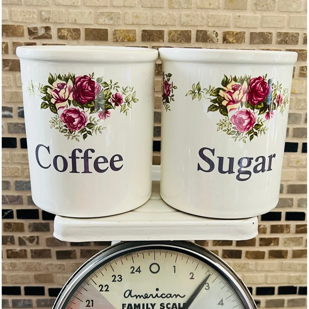 TG Green Pottery Cloverleaf Coffee & Sugar Storage Canister Jar Roses‎ England